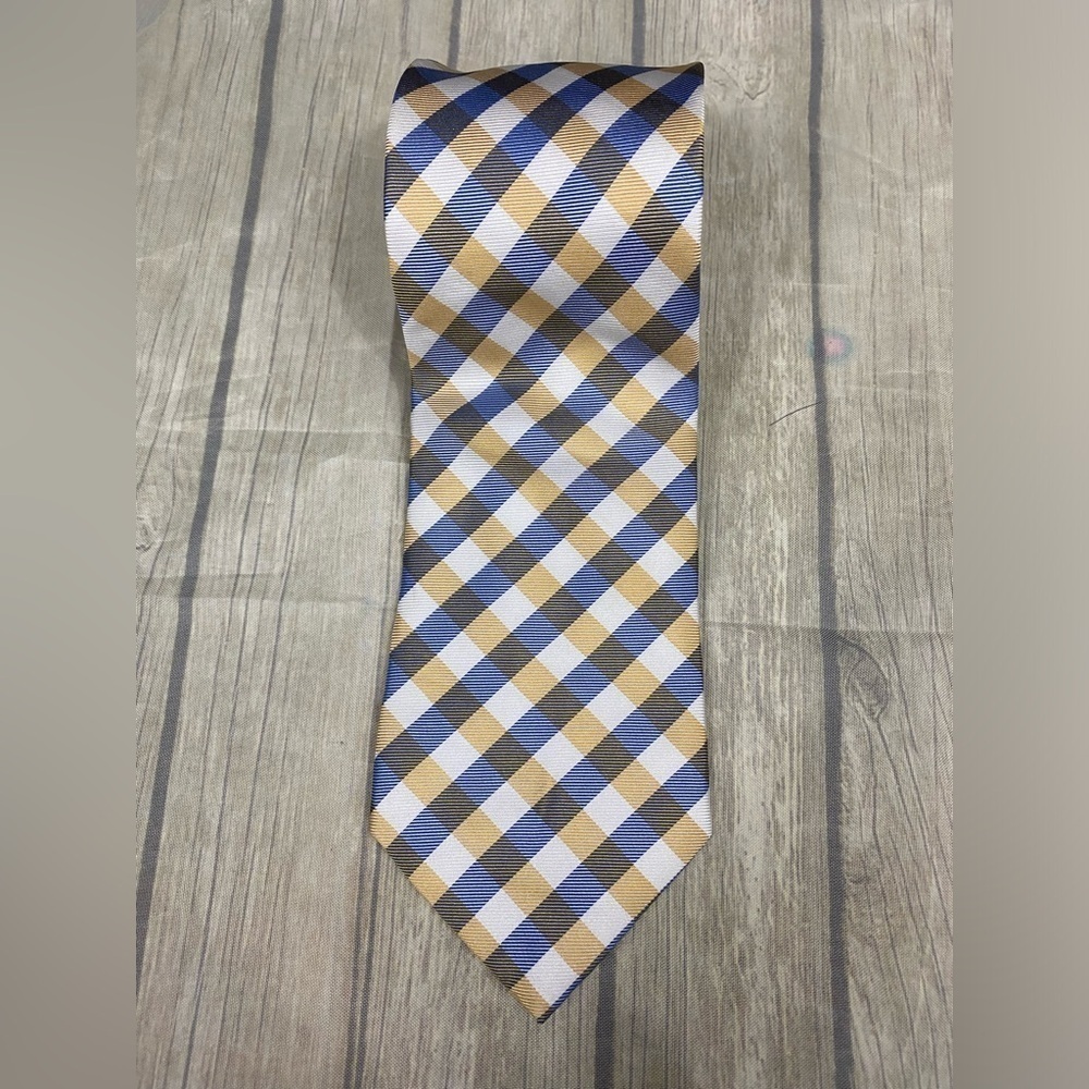 Izod 100% Silk Preppy Gold Yellow Blue White Plaid Mens 59” Long Neck Tie